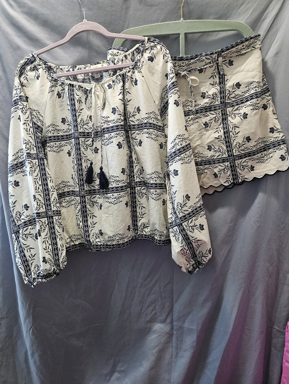 a new day Cream and Blue Printed Peasant Blouse With Matching Shorts